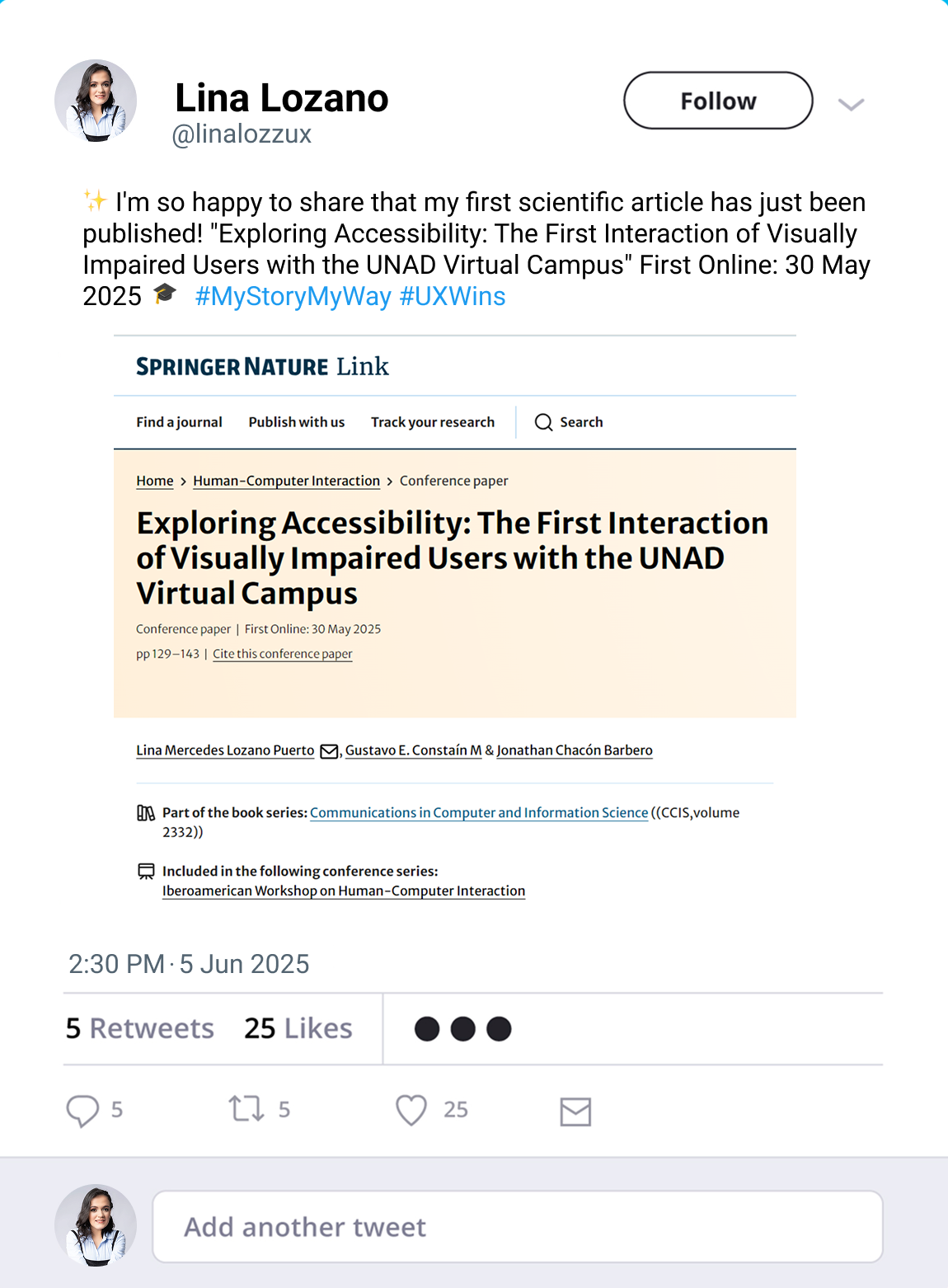 Twitter-style image announcing Lina's first published scientific article